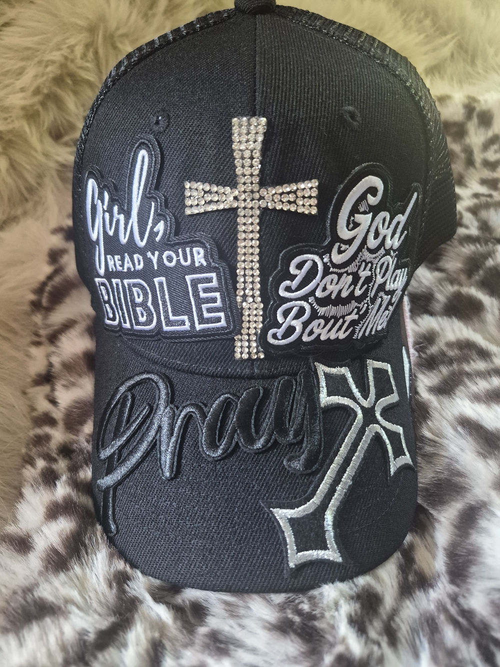 Black Embroidered Christian Trucker Cap with Rhinestone Cross